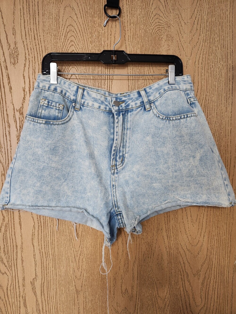 Light Wash, Five Pocket, Distressed High-Rise Denim Shorts- Women